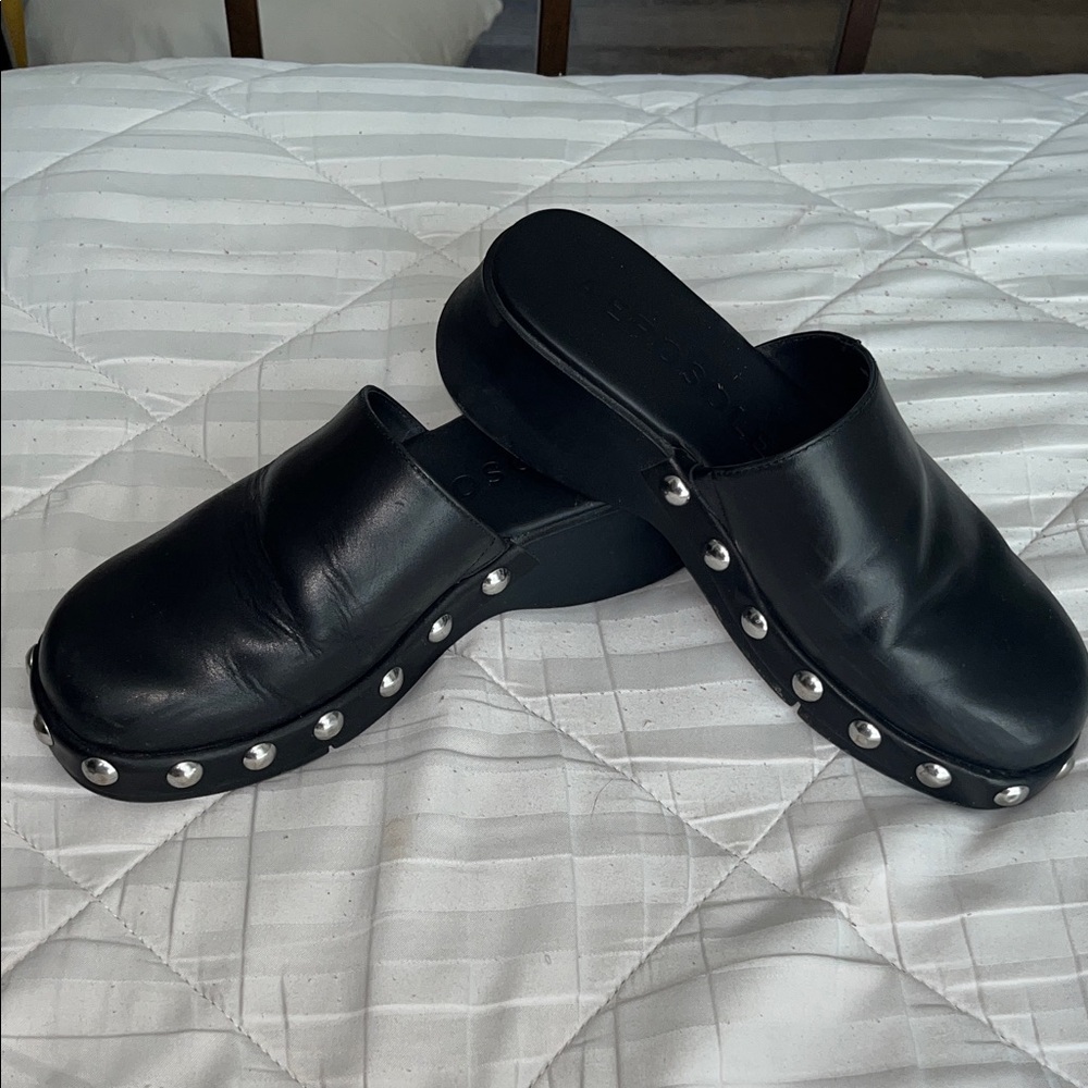 Women's Black Leather Studded Clogs